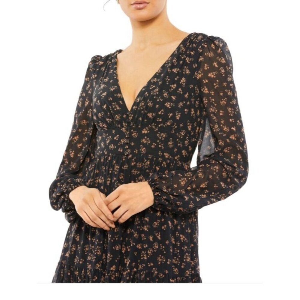 New Mac Duggal Size 2 Black Floral 55431 Peasant Maxi Dress Flowy Cottagecore - Picture 4 of 13